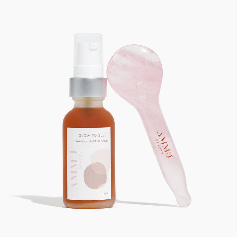 Take our luxurious night oil serum and our hand-crafted Rose Quartz Sculpting Spoon and drain puffiness from your face.