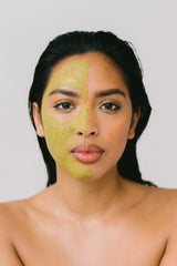 Model showcasing see spot run face mask. Reveal your best skin yet with the most potent herbs and adaptogens found on earth. Designed to give you smooth, blemish-fading, glowing skin with just one use. Activate our unique powder mask with water, draping your complexion in a fresh dose of brightening nutrients and protective antioxidants.